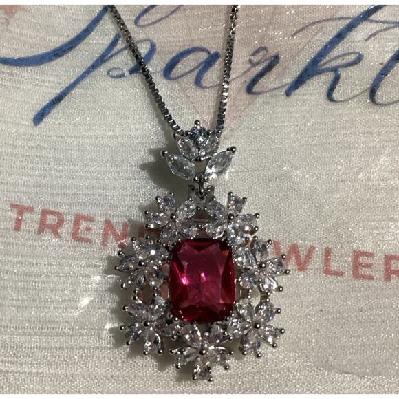 💋Sparkling Ruby Red Floral Cz Diamond Pendant Silver Hypoallergenic Necklace - Picture 6 of 14